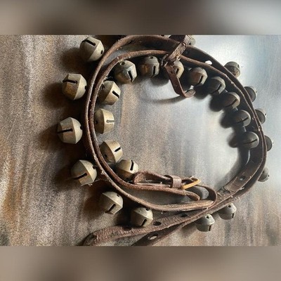 Antique 1800's Leather Brass Sleigh Bell Strap Large Brown Rustic Christmas 82''