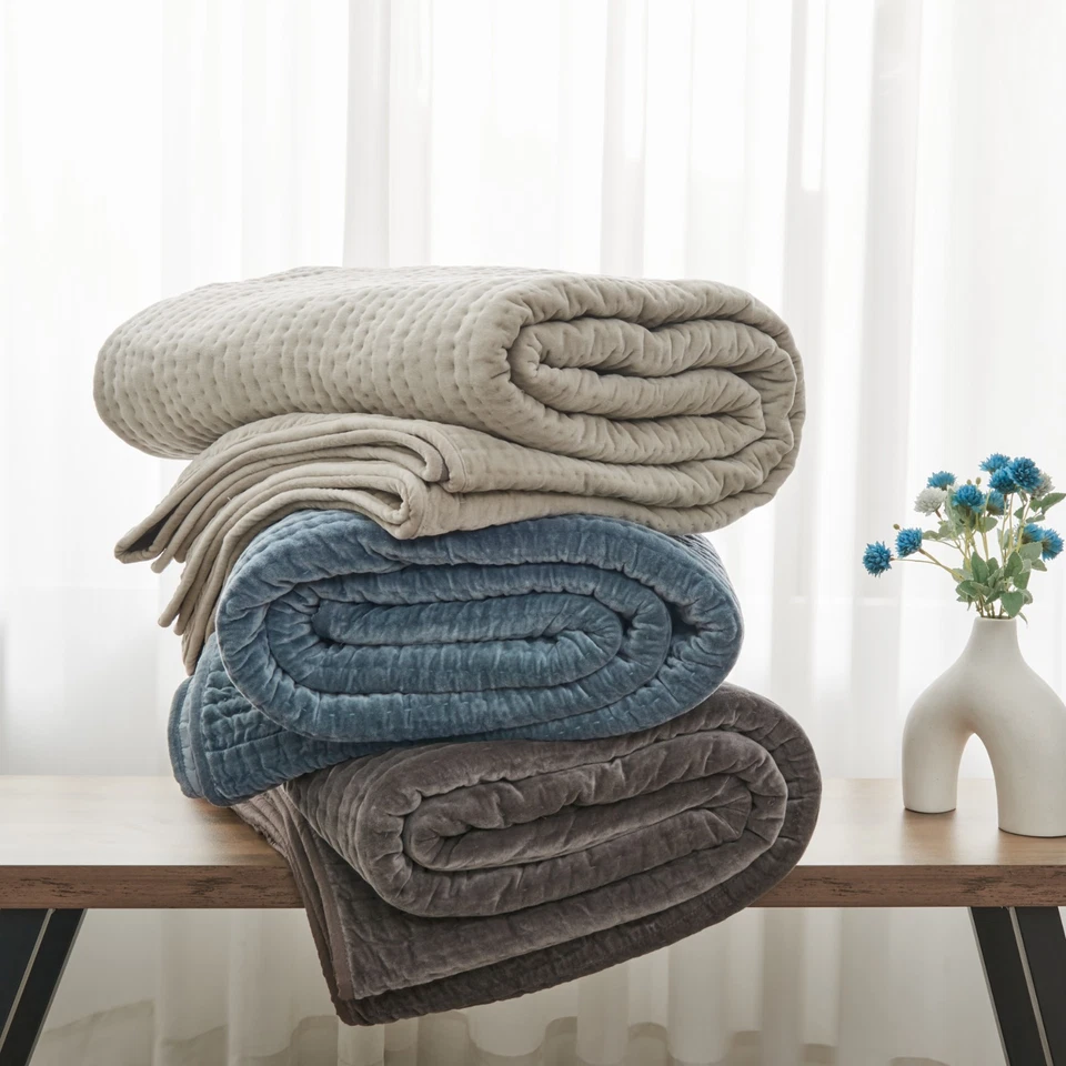 Juego de cama colcha edredón edredón 3 piezas cosido a mano juego de edredón de terciopelo Foto 2 de 3