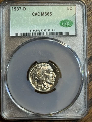 1937 D Buffalo Nickel CAC MS65 – Gem BU Coin with Luster, High-Grade