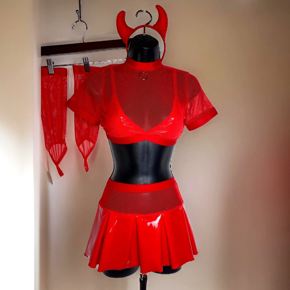 New Medium Skirt Set Devil Halloween Costume Mesh Vegan Leather Latex Red Props - Image 2 of 4