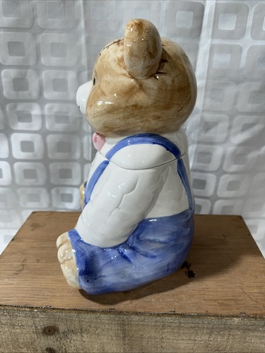 Cute Vintage Teddy Bear Cookie Jar Canister Blue Overalls w/Pink Tie - Picture 2 of 7