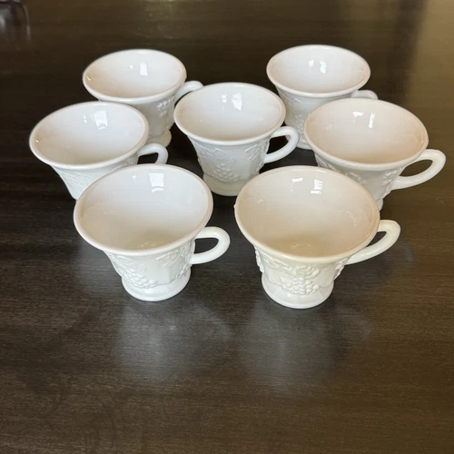 Vintage Indiana Colony Milk Glass Harvest Grape Footed Cups - Set Of 7 6oz Each