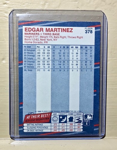 Edgar Martinez 1988 Fleer MLB #378 Baseball Card Seattle Mariners - Picture 6 of 6