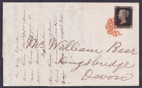 1840 1d Black Plate 8 AB 4m Fine Red MX London to Kingsbridge VFU Cat. £1,000.00 - Picture 1 of 3