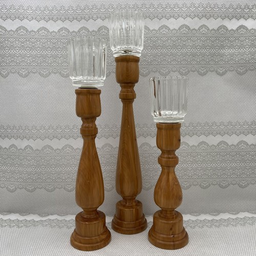Vtg Texas Handmade 3 Pc Wood Candle Holders W/ Votives - Picture 1 of 19