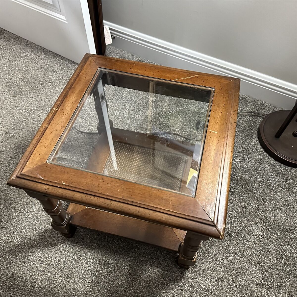 Vintage End Side Table Glass Top Wood with Cane Shelf 18 Square