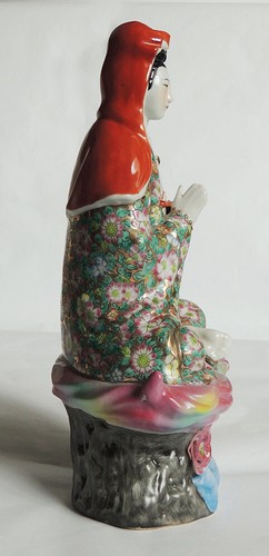 Vintage China Wucai Porcelain Buddhism Guan yin Louts Flower Seat Buddha Statue - Picture 3 of 9
