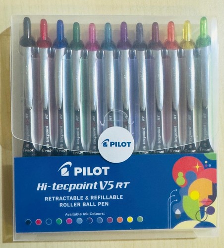 Pilot Hi-techpoint V5 RT Roller Ball Pen Set, 12 Assorted Colours, Retractable - Picture 1 of 5