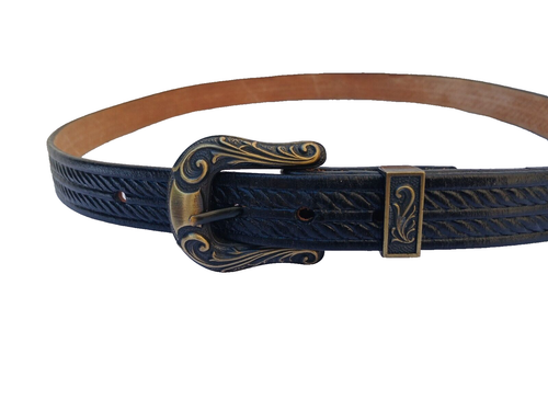 Custom Made in Usa 1" Width Black Leather Belt Woven Embossed Women’s Size L/XL - Picture 2 of 9
