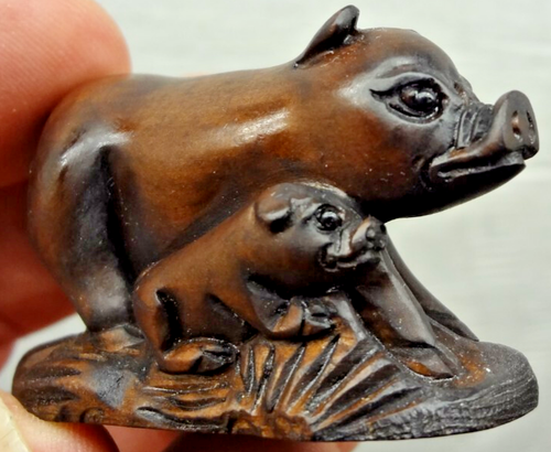 Netsuke Buchsbaum Figur Figur geschnitzt signiert "MAMA SCHWEIN & BABY" - KOSTENLOSER VERSAND! - Bild 8 von 9