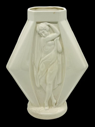 Kent Art Ware KAW Vintage 1930s Art Noveau Glossy White Vase Semi Nude Woman