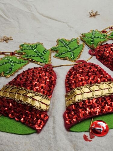 Vintage Kitsch Felt Christmas Tree Skirt With Sequins 44" Bells and Holly - Picture 6 of 10