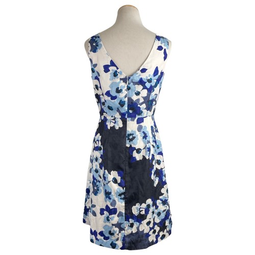DONNA MORGAN Dress 4 Blue White Black Floral Sleeveless Inverted Pleat Pockets - Picture 4 of 5