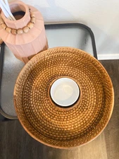 Large Rattan Chip and Dip Basket-Round- Hand Woven Server Tray-Vintage Retro