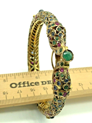 Antique 12k Yellow Gold Mughal Emerald Sapphire Ruby Makara Head Bangle Bracelet - Picture 2 of 16