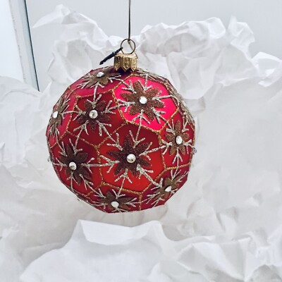 Hallmark Heritage Geometric Red Snowflake Ball Poland 2016 Blown Glass Brand New