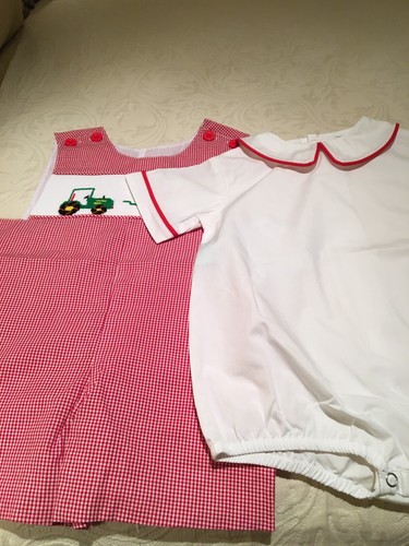 Remember Nguyen Baby Boys Smocked Shortall Farm Tractor Red 18M NWT - Picture 5 of 5