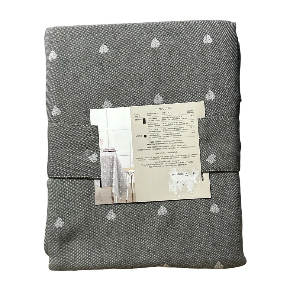 Martha Stewart Fabric Tablecloth Gray White Hearts 60x84 Oblong NEW - Image 2 of 4