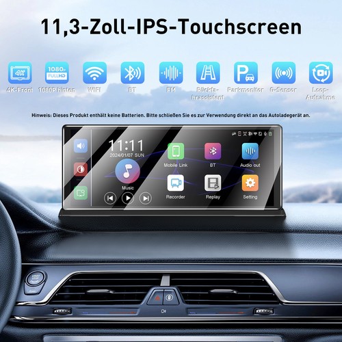 11.3'' 4K Przenośna kamera samochodowa Carplay Android z radiom samochodowym Bluetooth G-senor - Zdjęcie 2 z 14
