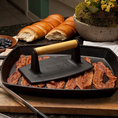 Bayou Classic Cast Iron Bacon Meat Press 8"L X 5" W Great Gift Idea Wood Handle - Picture 2 of 2