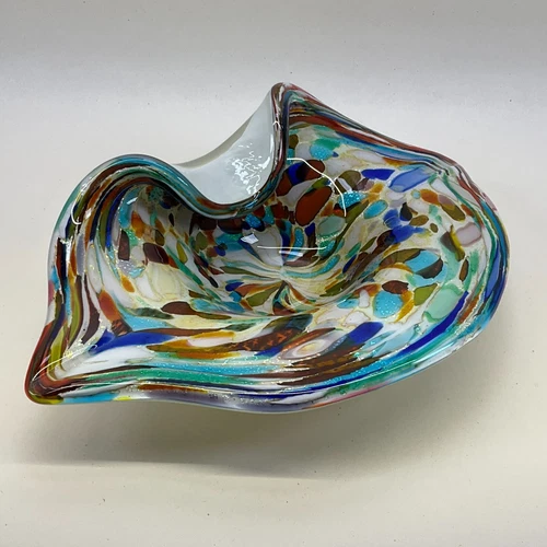Murano Italy Glass Tutti Frutti Ashtray Trinket Dish Vibrant Fold Over - Vintage