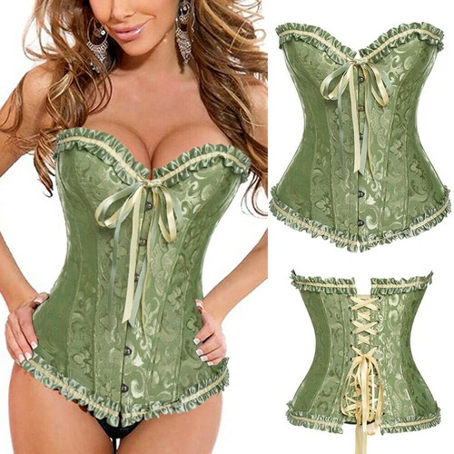 Women Boned Lace Up Overbust Burlesque Corset Bustier Top Waist Training Cincher - Picture 10 of 51