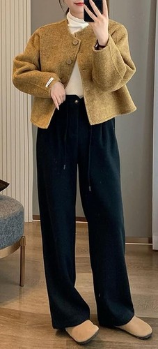 Women Crop Pea Coat Dressy Lady Jacket Short Winter Wool Blend Overcoat with Poc - Picture 12 of 24