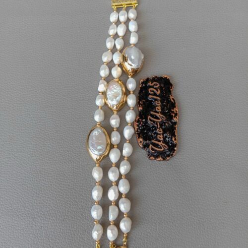 8'' 3 Rows Cultured White Baroque Pearl White Keshi Pearl Bracelet - Imagen 4 de 7