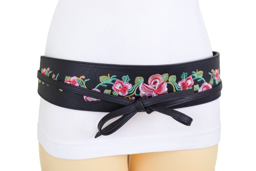 Mujer Negro Piel Sintética Envoltura Corbata Kimono Cinturón Girly Buscar Flores - Imagen 6 de 12