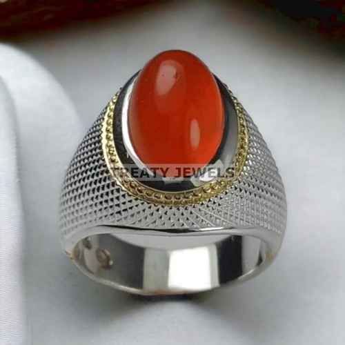 Coral Oval Cut Gemstone With 925 Sterling Silver Ring For Men's #A267 - Picture 6 of 6
