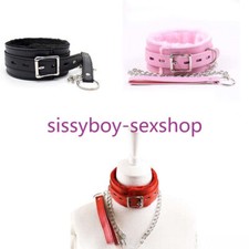 Leather Neck Choker Furry Collar Chain Leading Leash Lockable Harness Restraints