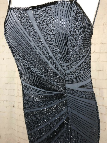 * LAURENCE KAZAR 100% SILK Black Grey Elegant Beaded Long Dress Sz PL Gown - Picture 2 of 6
