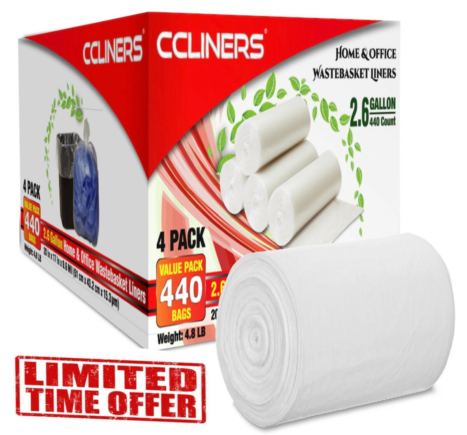 CCLINERS 2-3 Gallon Clear Small Garbage Trash Bags, 440 Count