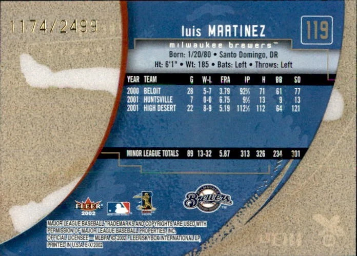 2002 E-X nEXT Rookie #119 Luis Martinez /2499 Milwaukee Brewers Numbered RC - Image 2 of 4