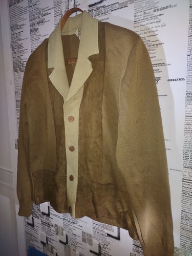 BELGIUM Imported SUEDE Knit Cardigan Sweater VINTAGE Button-Up Men's MEDIUM  - Picture 2 of 10