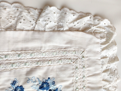 Lace Trimmed Eyelet Zippered Toss Pillow Covers With Embroidered Blue Flowers - Picture 14 of 24
