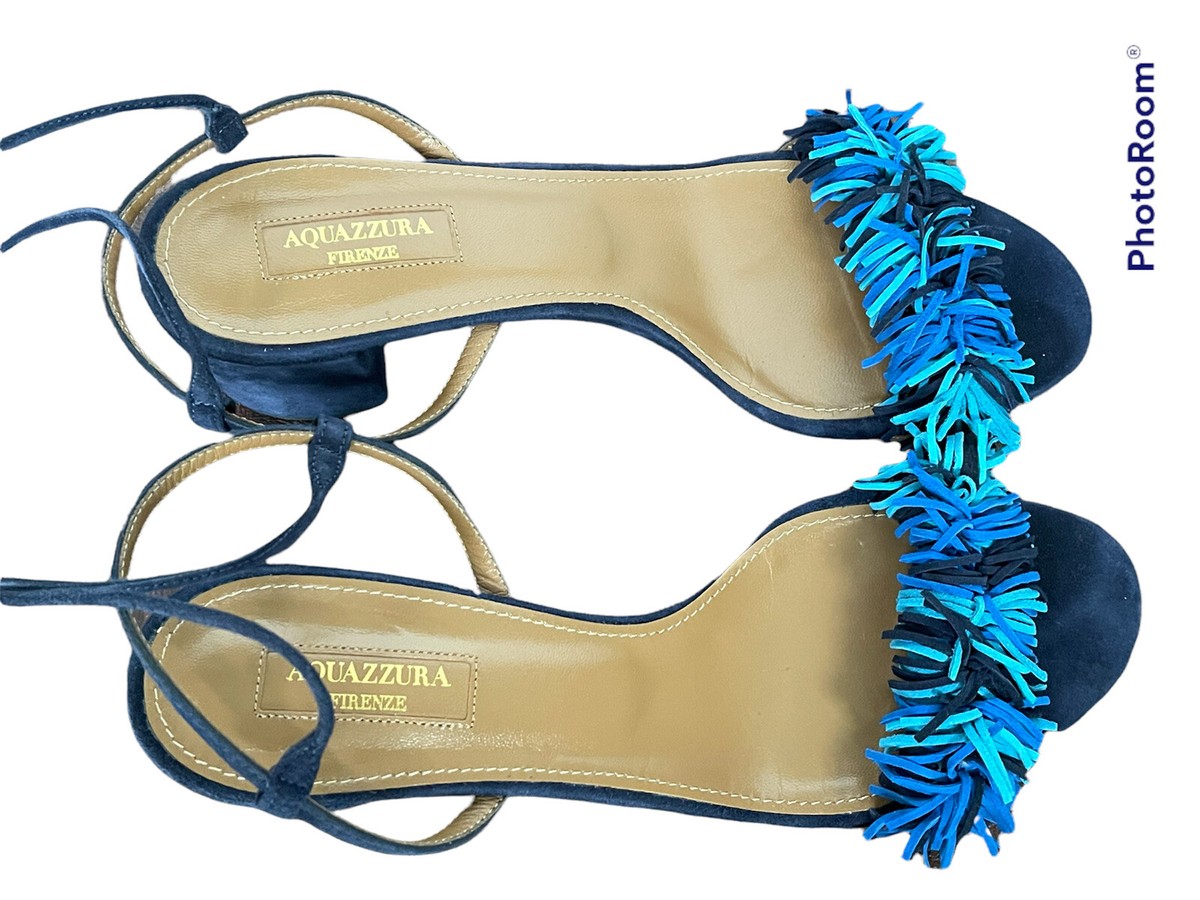 AQUAZZURA Firenze Navy Blue Suede Wild Thing Fringed Sandals