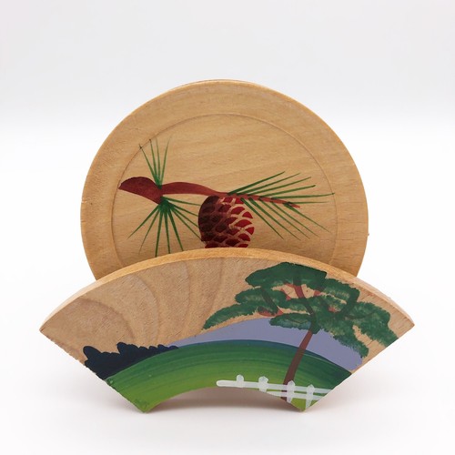 Vintage handbemalte Holzuntersetzer 8er Set mit Halter Made in Japan A131 - Bild 1 von 7