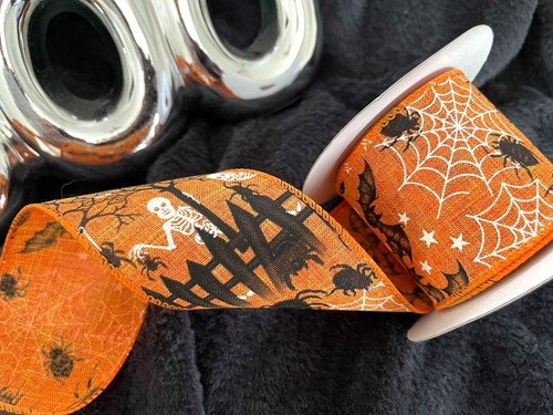 HALLOWEEN on natural burlap style - Luxury Wire Edge Ribbon 30mm 38mm & 63mm - Picture 10 of 11