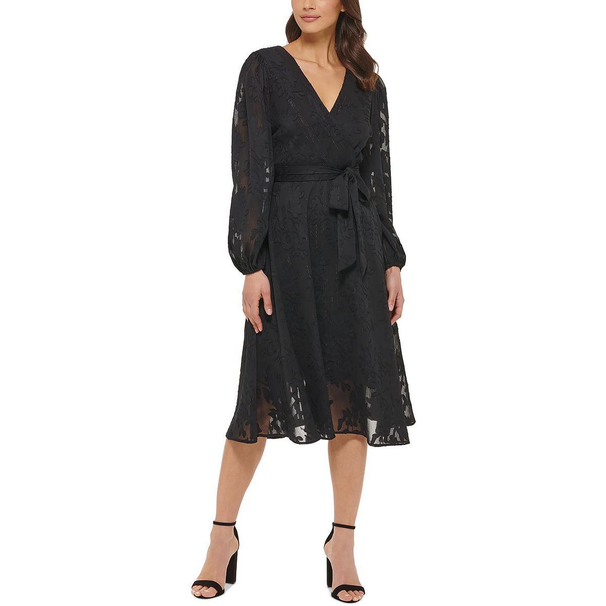 Kensie Dresses Женское черное шифоновое платье ниже колена Fit & Flare 4 BHFO 3596