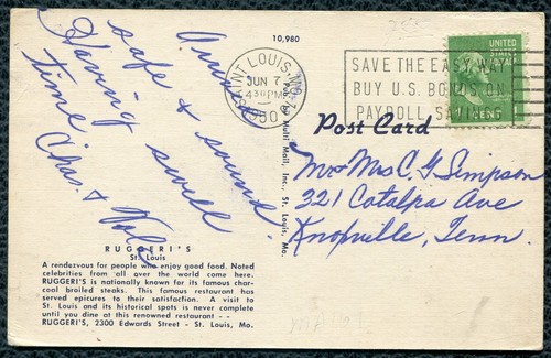 Ruggeris Restaurant St Louis Missouri mo linen postcard - Picture 2 of 2