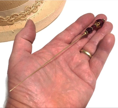 8 inch HATPIN with 3 RED Vintage Sparkling CRYSTALS in Old Brass Finish Setting - Picture 4 of 11