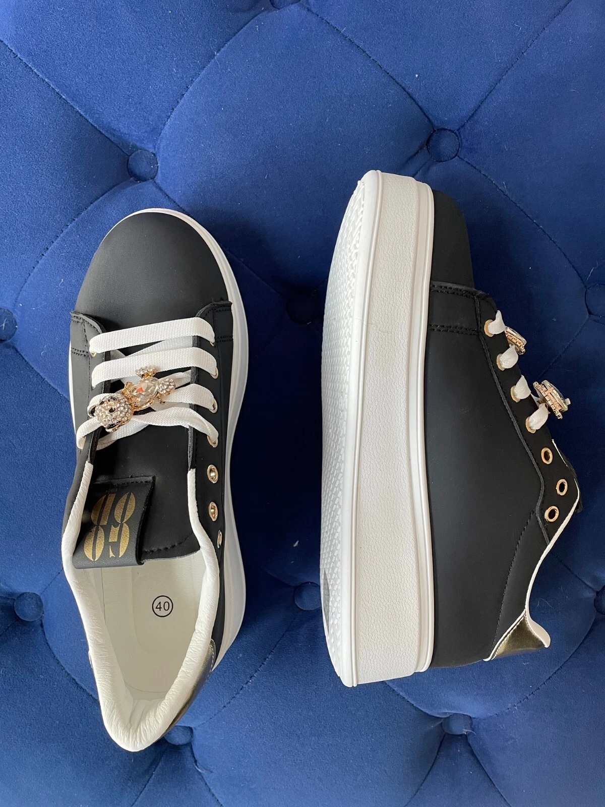 New Women Black Leather High Platform Shoelace Trainer Sneaker. EU 36-41