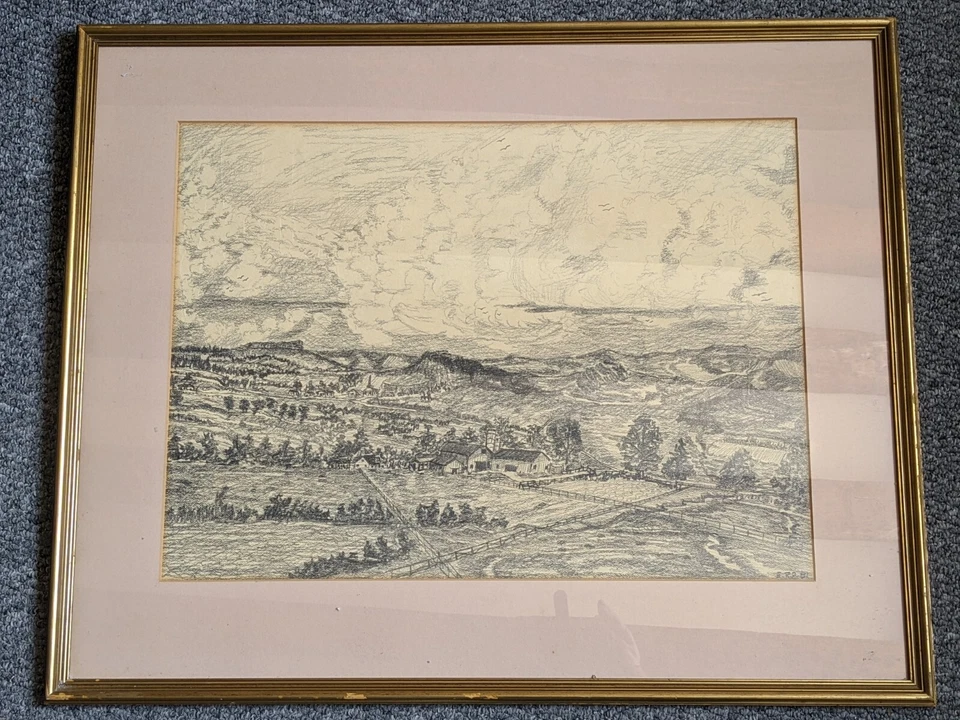 Original gran dibujo al carbón paisaje rural firmado por monograma E.R.A 1981 Foto 2 de 4