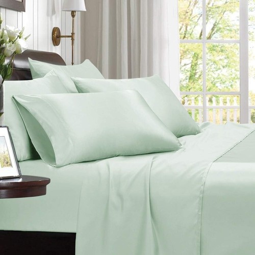 Luxury King Size Satin Sheet Set - 6-Piece Mint Green Bedding with Deep Pockets - Picture 6 of 9