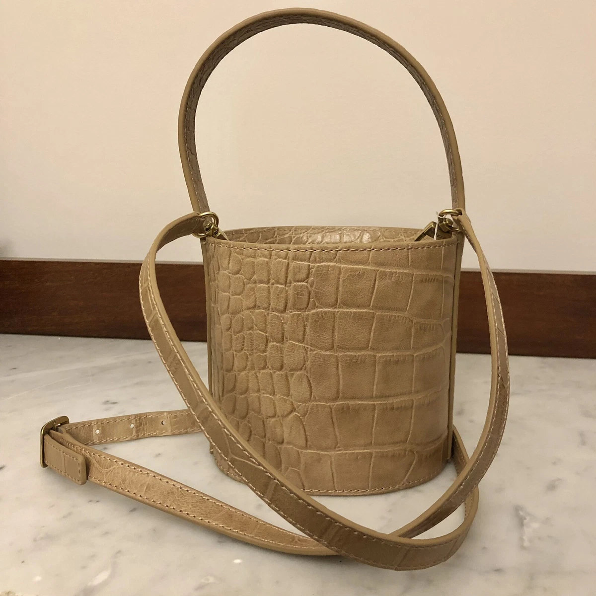 STAUD Bissett Mini Crocodile Embossed Leather Bucket Bag Beige EUC