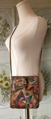 VTG SAM SAM AIRBRUSHED PAINTED TAN LEATHER MULTICOLOR GOLD BAG PURSE EUC CLEAN - Picture 3 of 10
