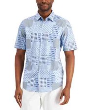 ALFANI Men's Blue Geometric Stretch Front Button Shirt NEW Small