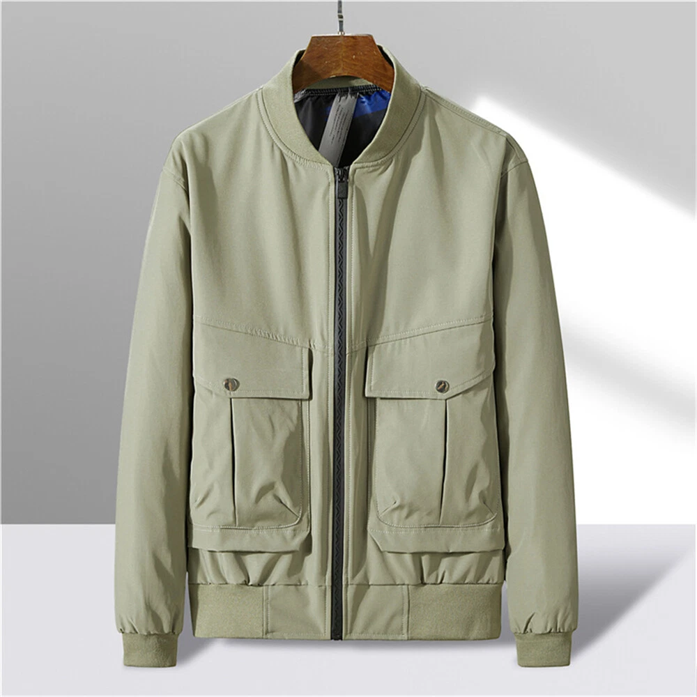 Mens Casual Stand Collar Solid Full Zip Windbreaker Bomber Jacket