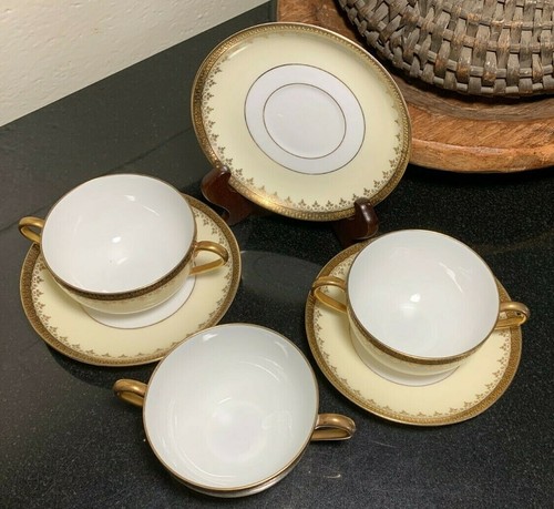 3 Imperial Crown Vienna Austria Double Handle Bouillon Soup Bowls & Saucers - Picture 7 of 12